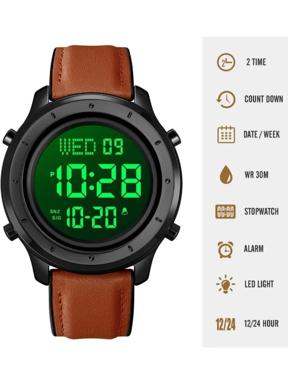 Men's Brown Black Analog Quartz Stainless Steel Waterproof Digital Wrist Watch